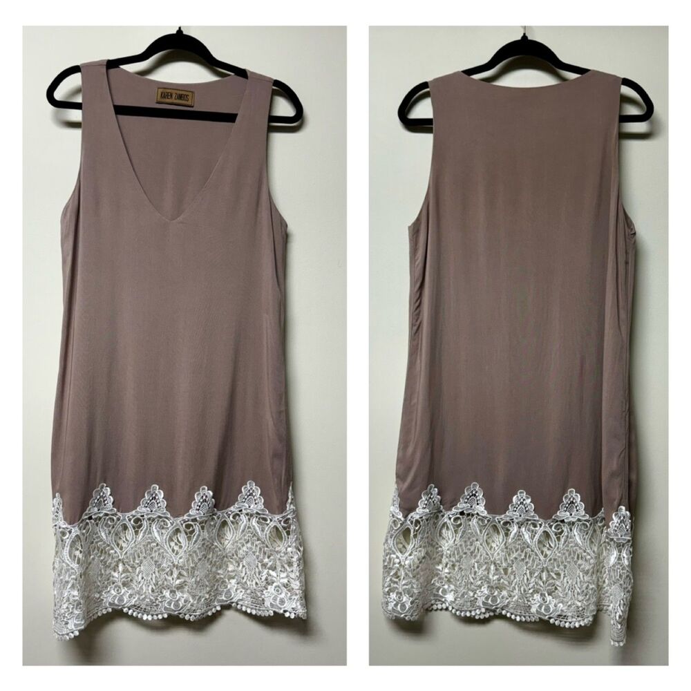 KAREN ZAMBOS London V-Neck Lace Trim Dress, Taupe/Ivory, Sz S